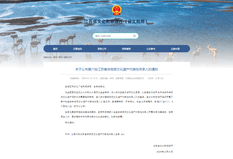 第六批江苏省非物质文化遗产代表性传承人名单公布